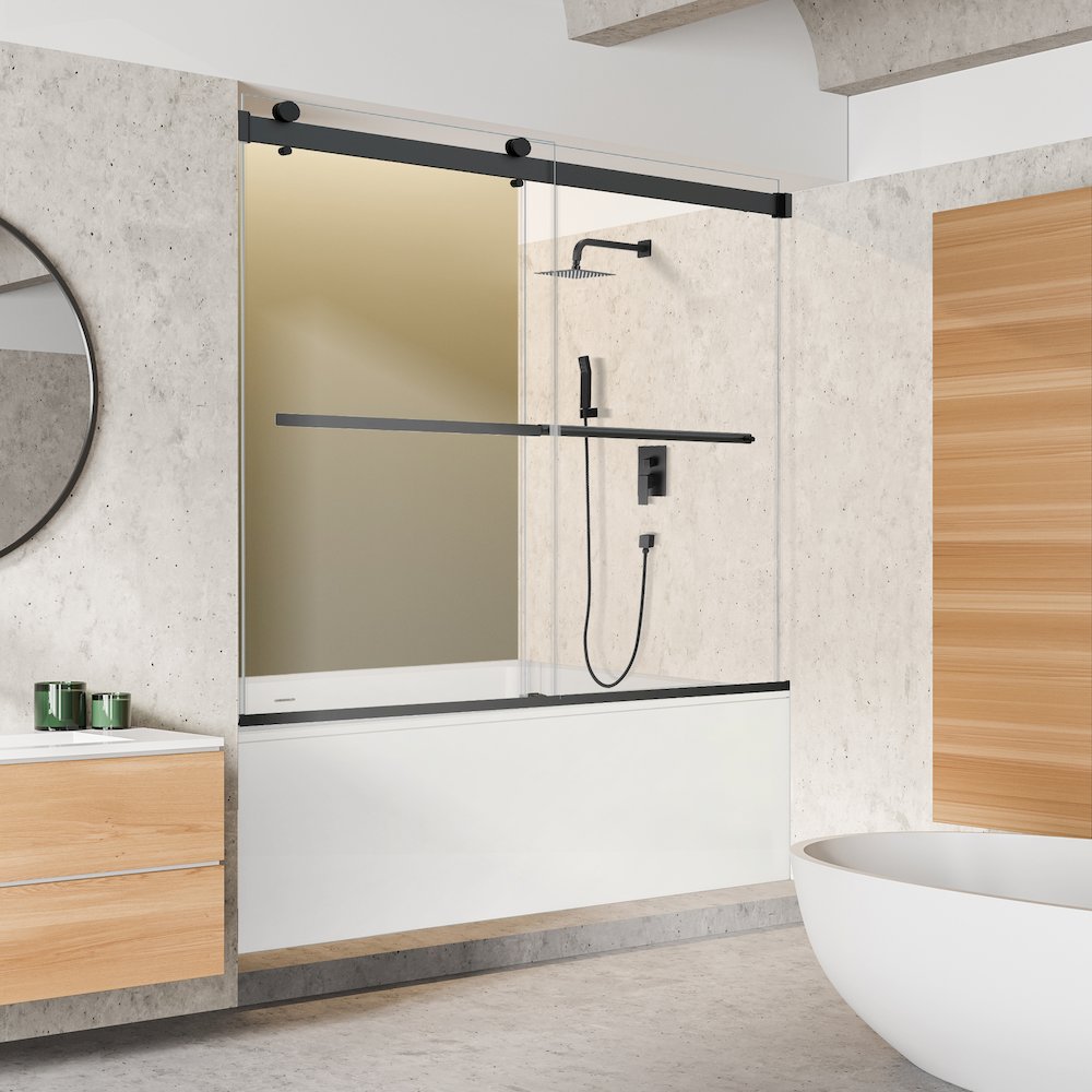 Marcelo 60" W x 58" H By Pass Frameless Tub Door in Matte Black with Clear Glass. Picture 6