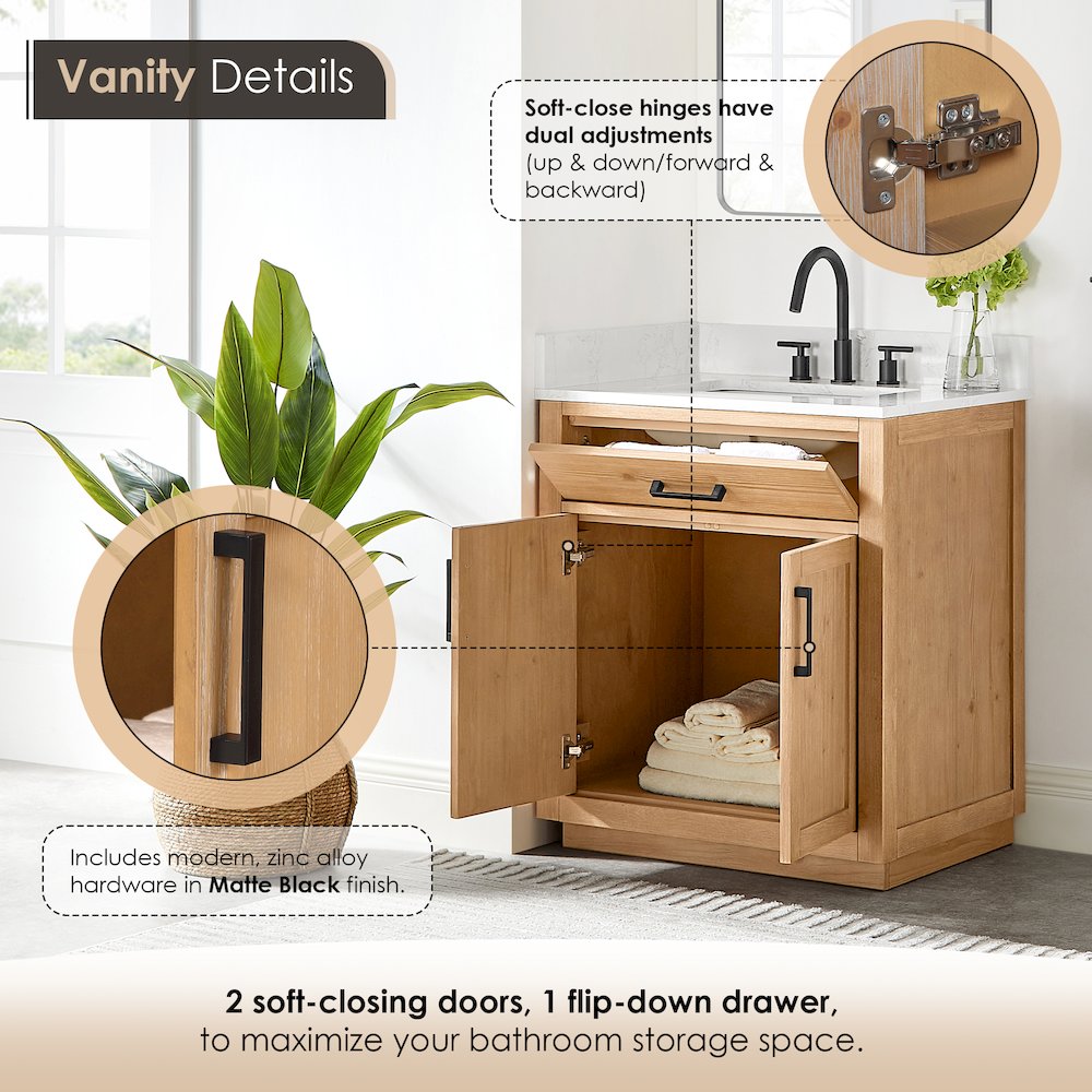 30" Single Bathroom Vanity in Light Brown with Grain White. Picture 8