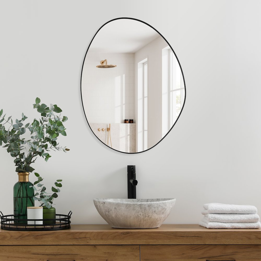 28"x36" Irregular Aluminum Framed in Matte Black Modern Bathroom Wall Mirror. Picture 5