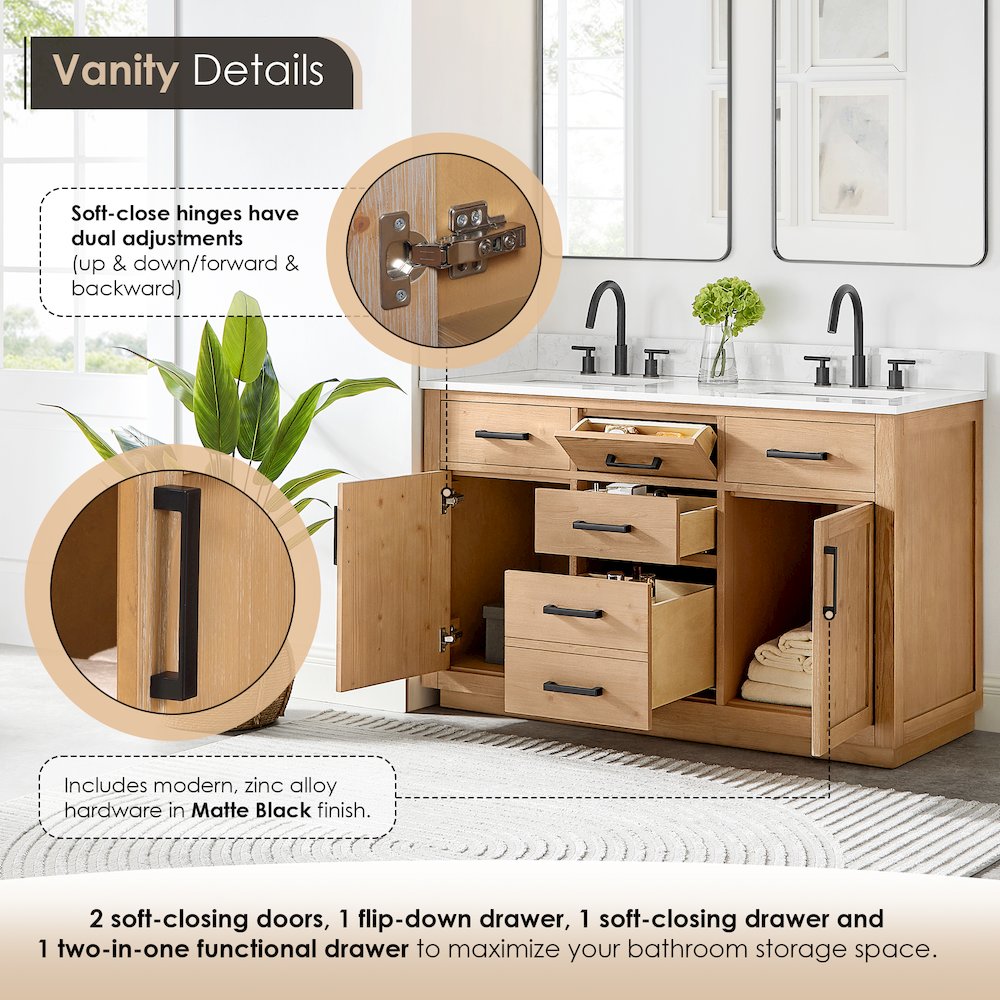 54" Double Bathroom Vanity in Light Brown with Grain White. Picture 7