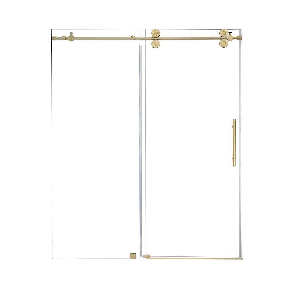 Single Sliding Frameless Shower Door in Brushed Gold with Clear Glass. Picture 1