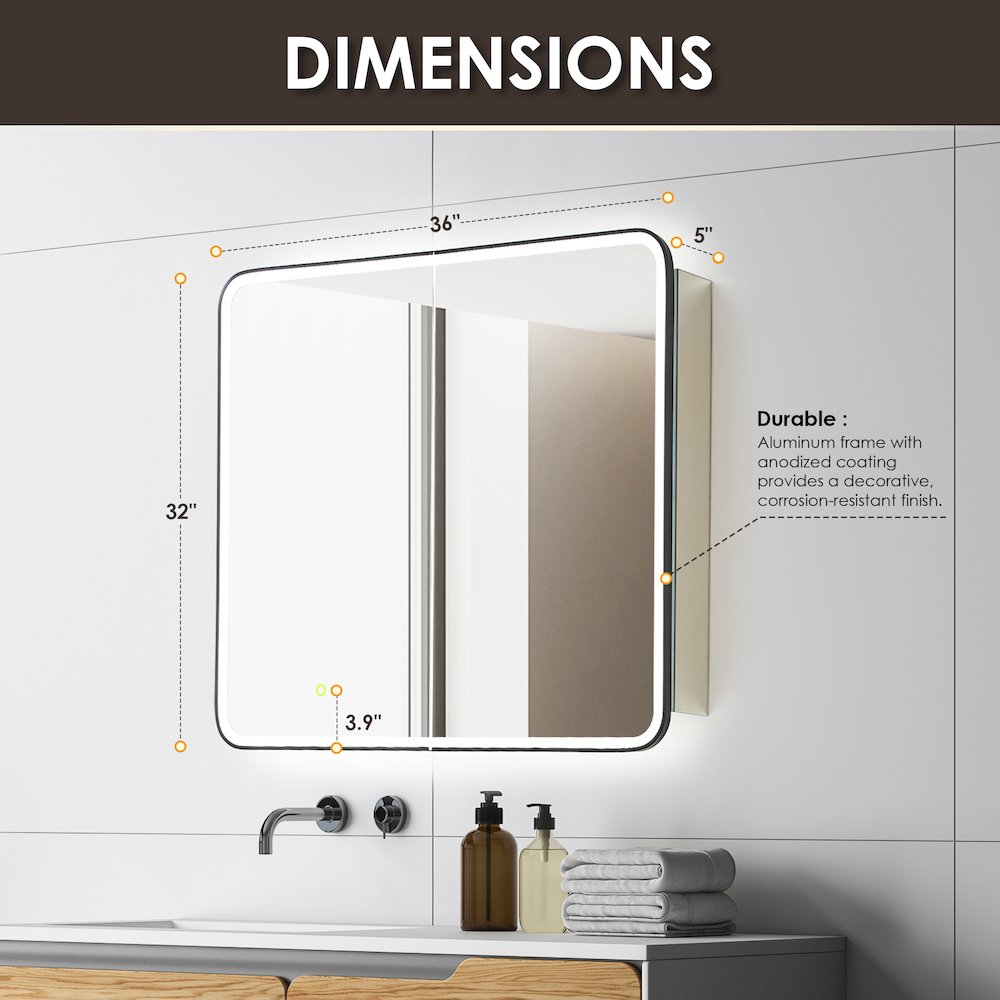 36"x32" Rectangular Bathroom Black Aluminum Mirror Medicine Cabinet. Picture 18