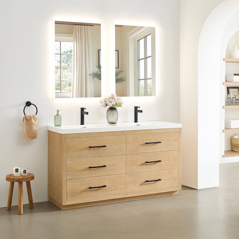 60" Double Bathroom Vanity in White Oak with White Artificial Drop-in Sink. Picture 3