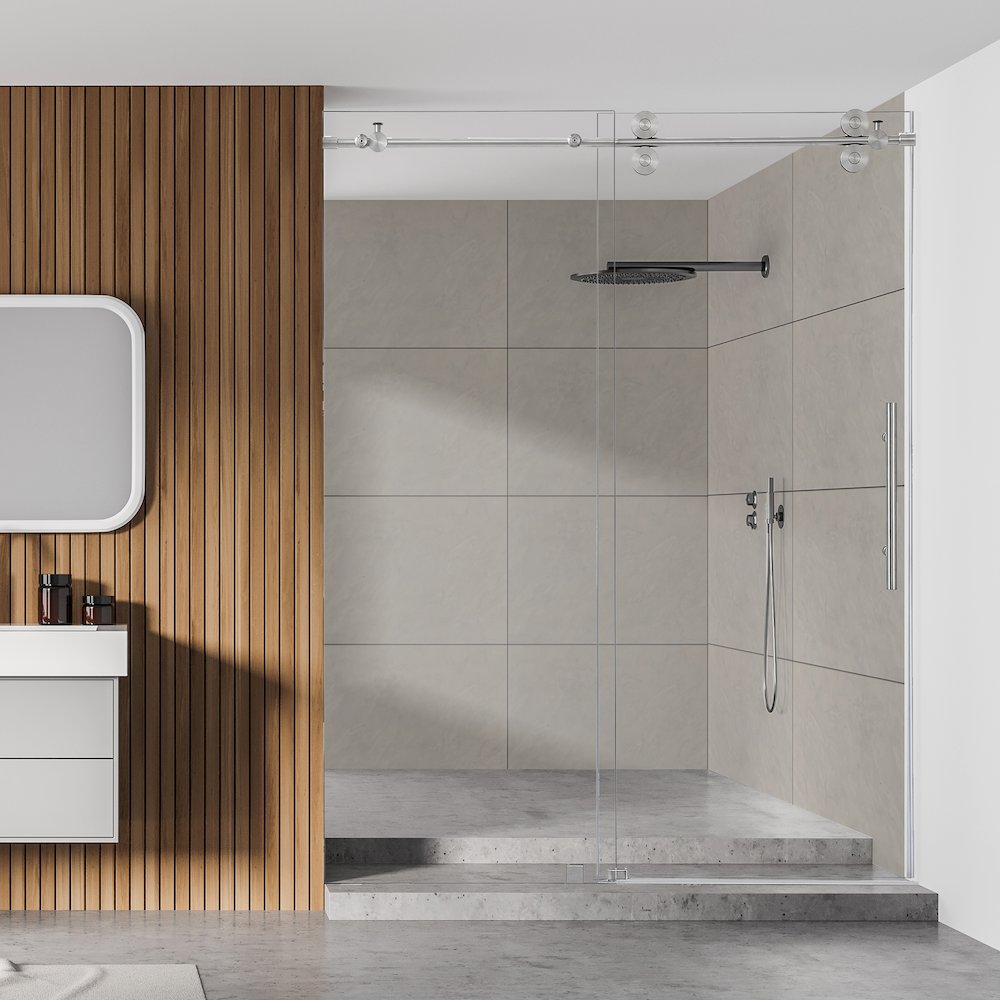 Single Sliding Frameless Shower Door in Brushed Nickel with Clear Glass. Picture 5