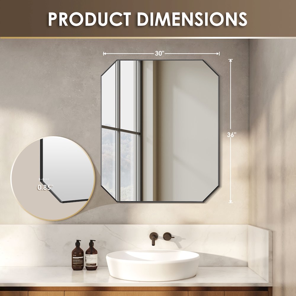 36"x30" Octagon Aluminum Framed in Matte Black Modern Bathroom Wall Mirror. Picture 12