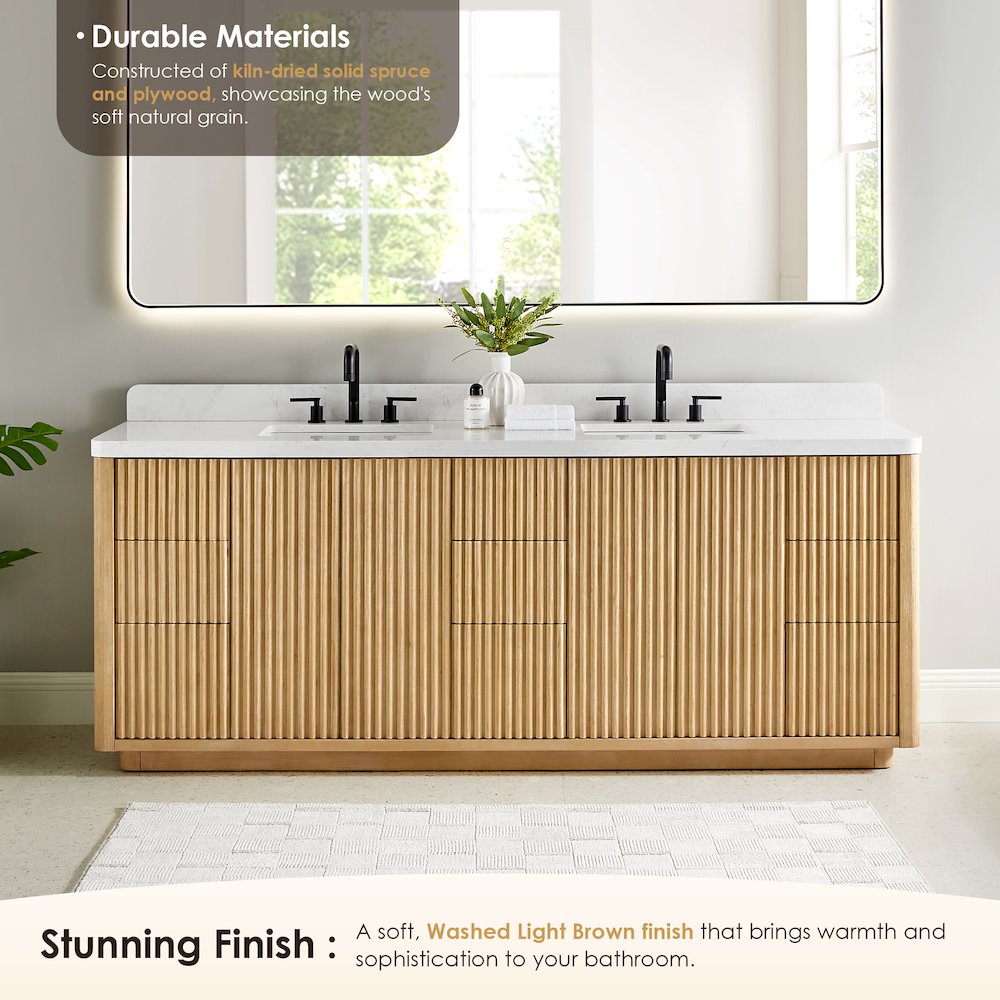 84" Double Bathroom Vanity in Washed Light Brown with Grain White. Picture 4