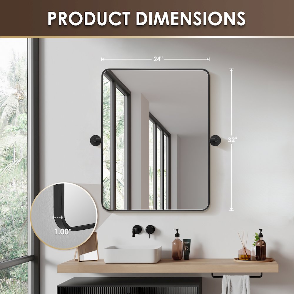 24x32'' Aluminum Framed in Matte Black Modern Bathroom Pivot Wall Mirror. Picture 15
