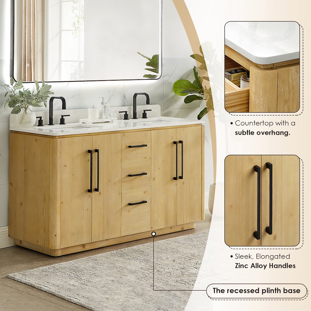 60" Double Bathroom Vanity in Nature Brown with Grain White. Picture 6