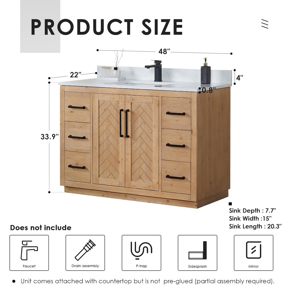 48" Single Bathroom Vanity with Grain White Countertop without Mirror. Picture 11