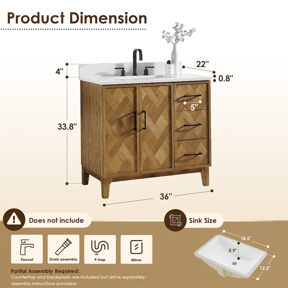 Clara 36" Single Bathroom Vanity in Weathered Brown. Picture 11