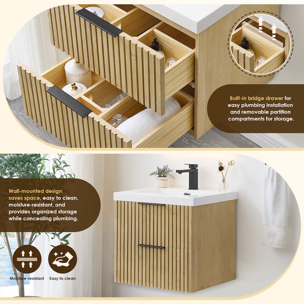 Single Bathroom Vanity in Nature Brown White Artificial Drop-in Sink. Picture 9