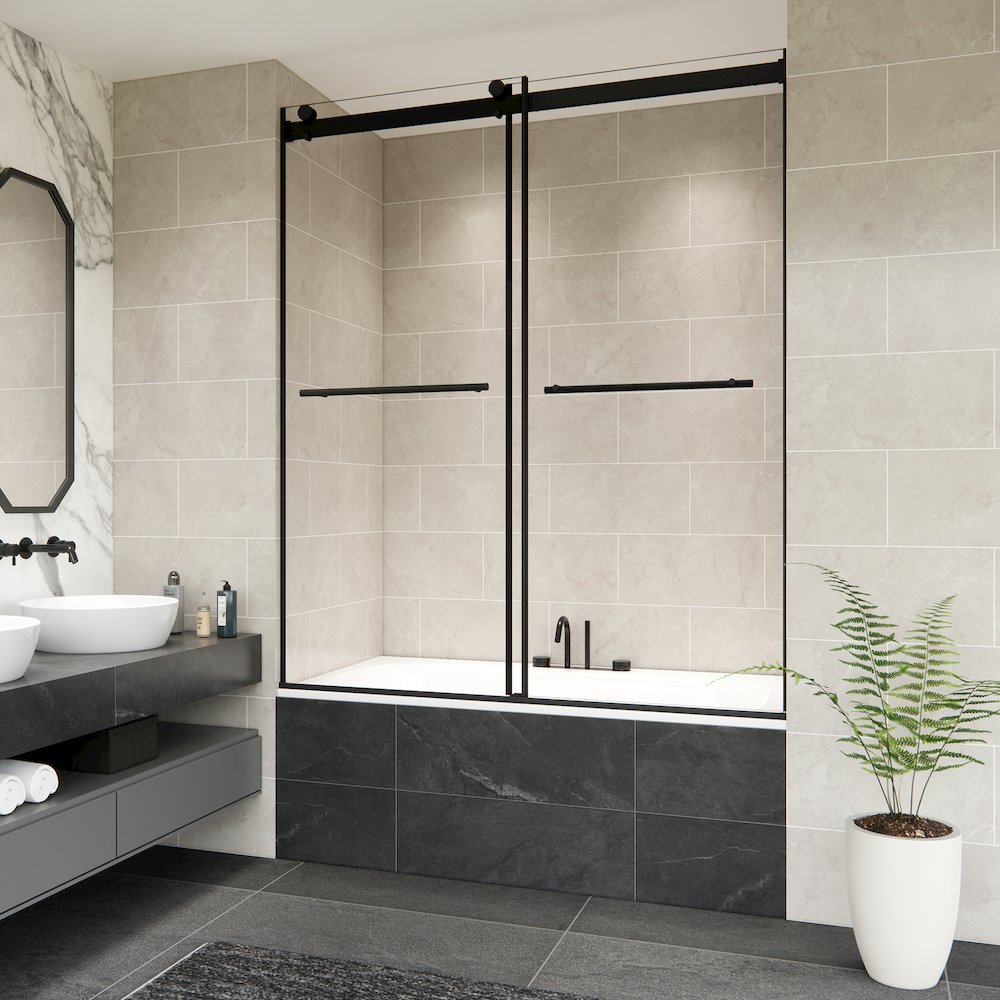 Frameless Exposed Roller Tub Door in Matte Black with Clear Glass. Picture 4