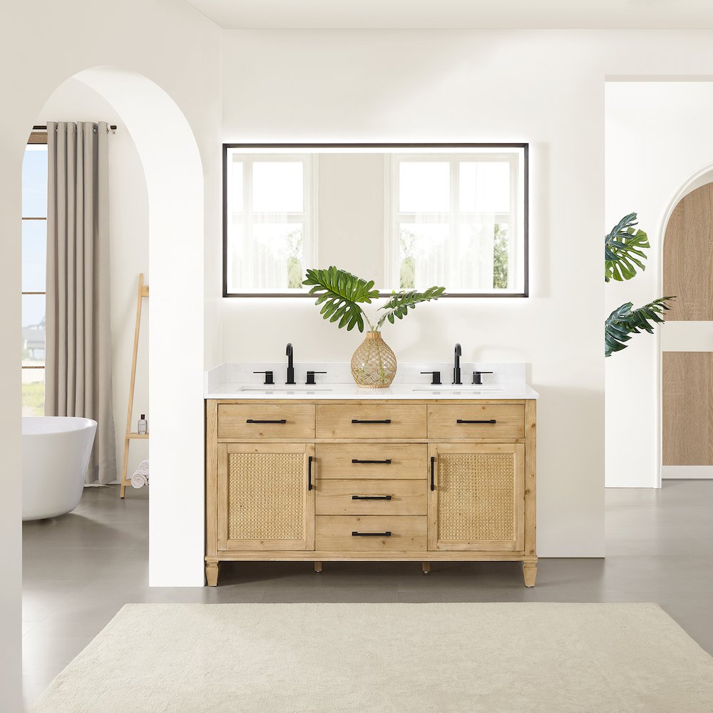 60" Double Bathroom Vanity in with Grain White Engineered Stone Countertop. Picture 12