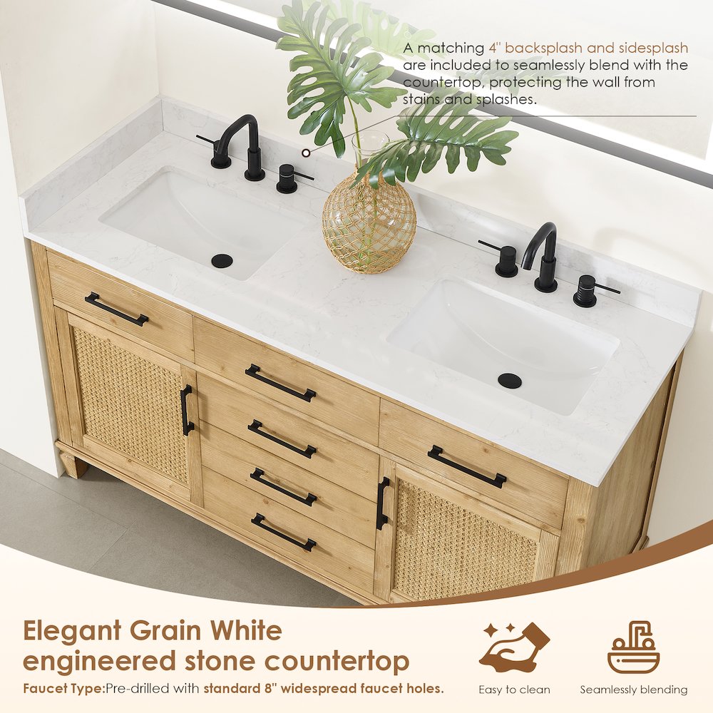 60" Double Bathroom Vanity in with Grain White Engineered Stone Countertop. Picture 7