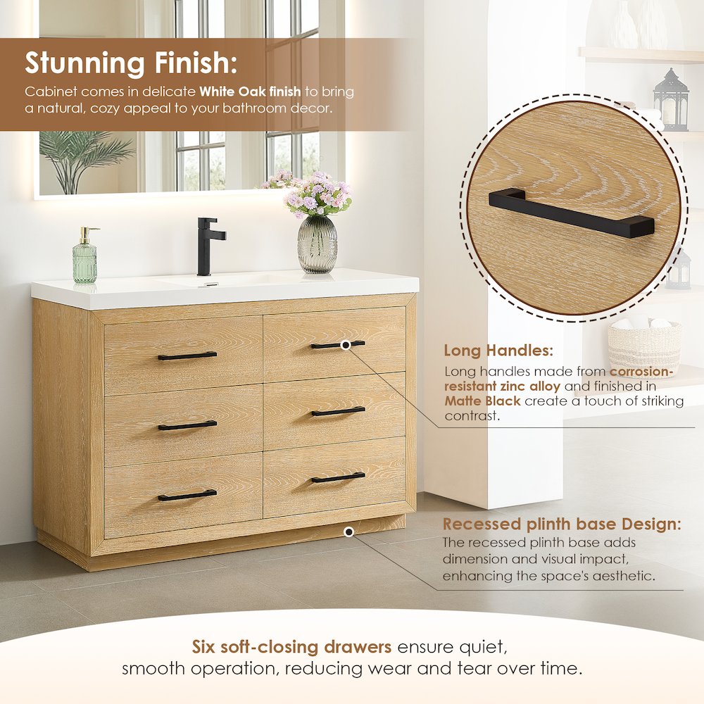 48" Single Bathroom Vanity in White Oak with White Artificial Drop-in Sink. Picture 9