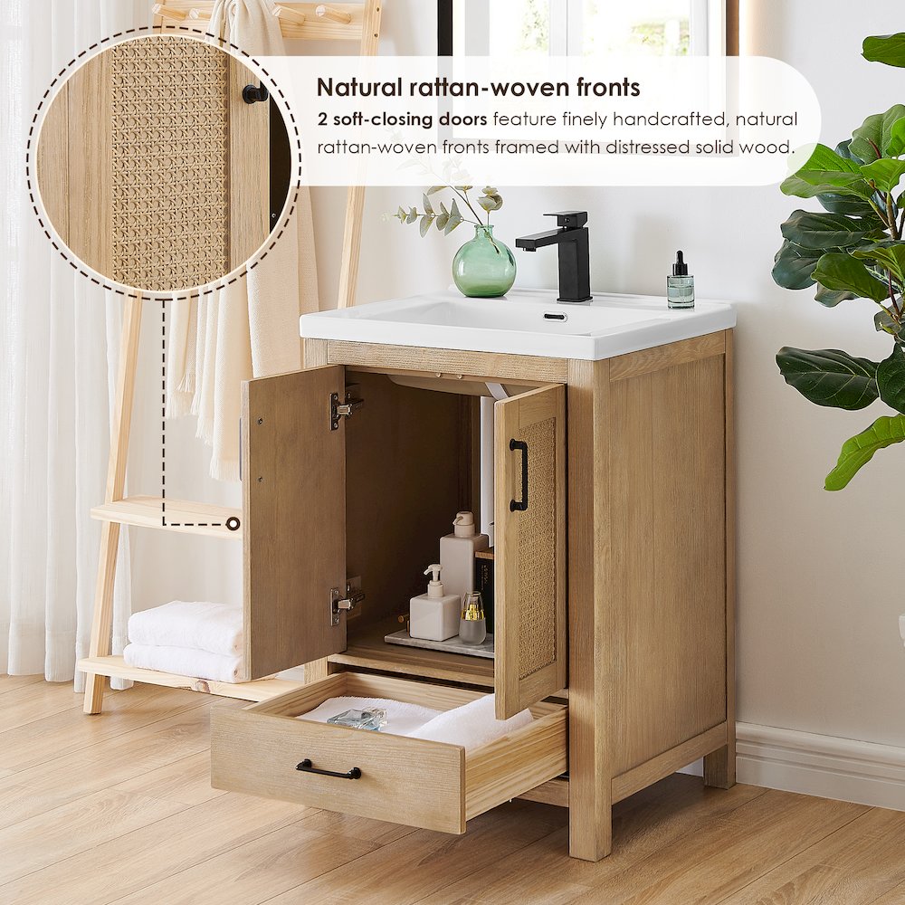 Single Bathroom Vanity in Light Brown White Ceramic Drop-in Sink. Picture 9