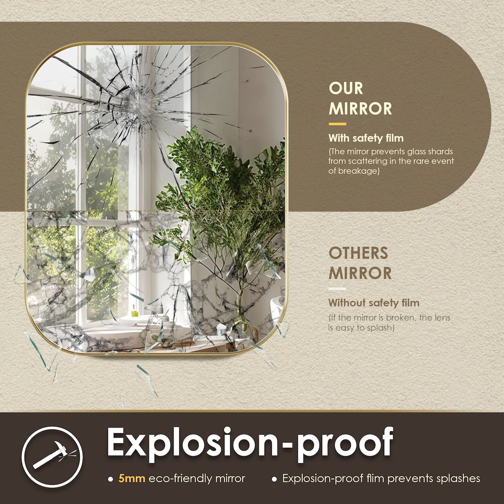 36x30" Rectangular Aluminum Framed in Brushed Gold Modern Bathroom Wall Mirror. Picture 8