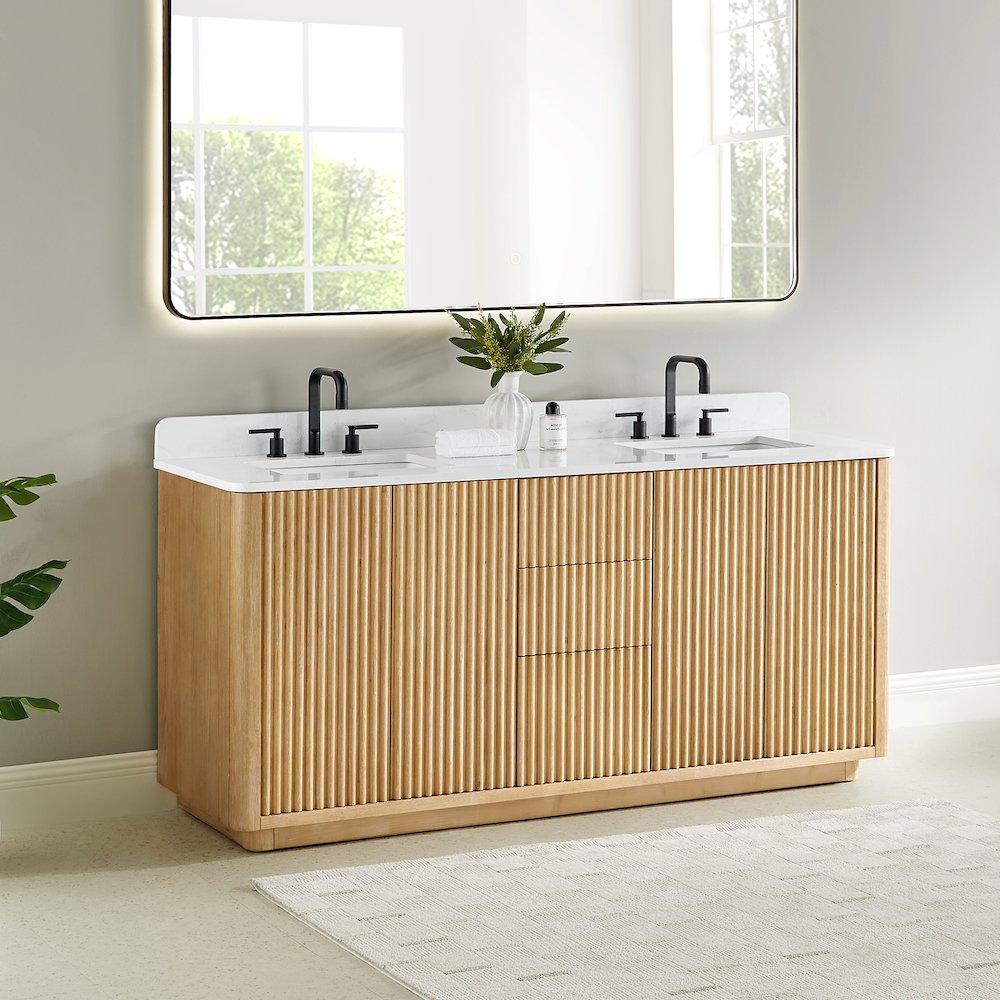 72" Double Bathroom Vanity in Washed Light Brown with Grain White. Picture 4