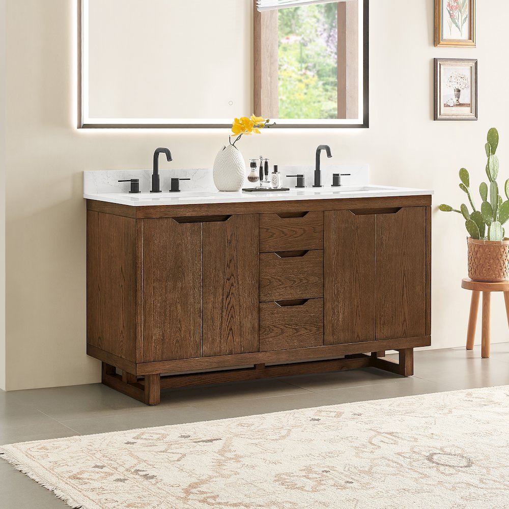 60" Double Bathroom Vanity in Brown Brushed Oak with Grain White. Picture 3