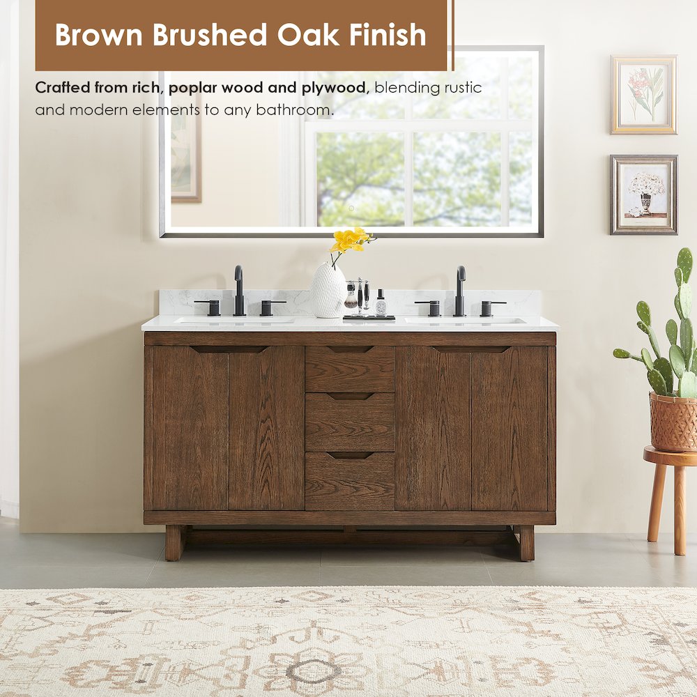 60" Double Bathroom Vanity in Brown Brushed Oak with Grain White. Picture 9