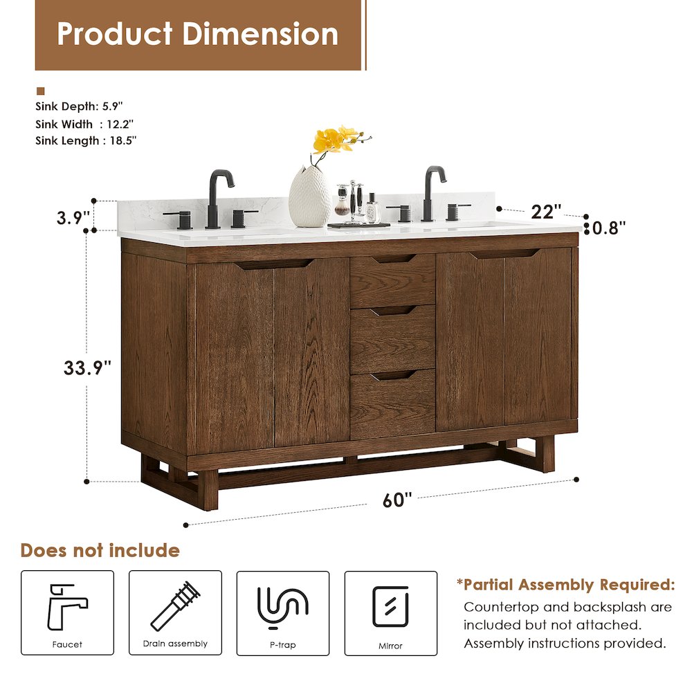 60" Double Bathroom Vanity in Brown Brushed Oak with Grain White. Picture 11