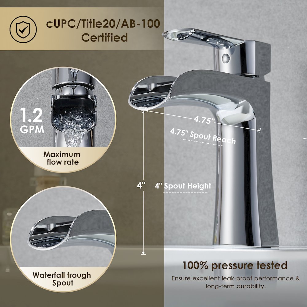 Single Hole Single-Handle Waterfall Bathroom Faucet in Polished Chrome. Picture 10