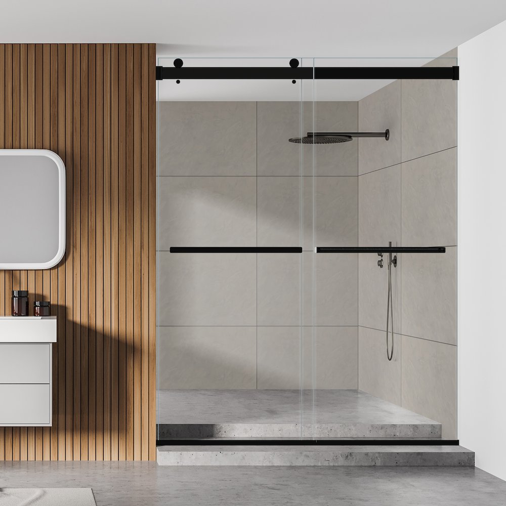 By Pass Frameless Shower Door in Matte Black with Clear Glass. Picture 7