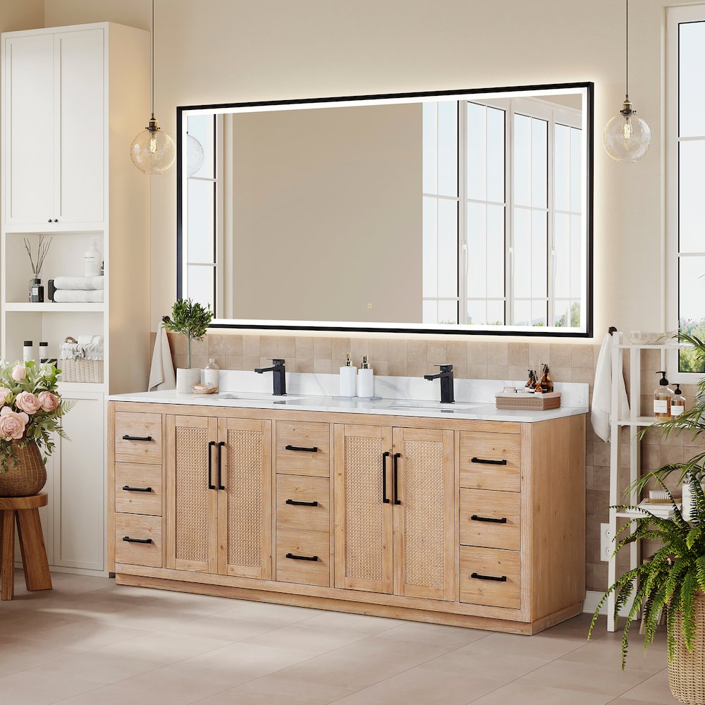 84" Double Bathroom Vanity with Calacatta White Quartz Countertop with Mirror. Picture 3