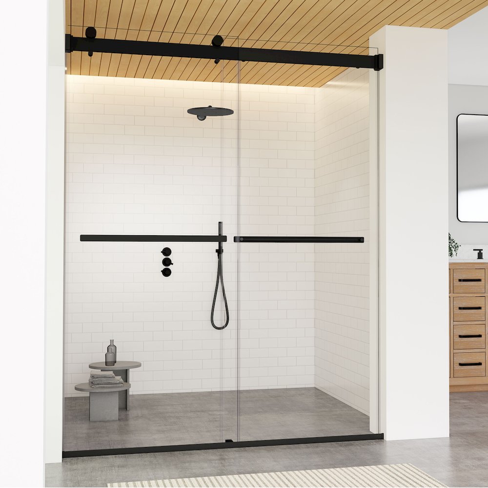 By Pass Frameless Shower Door in Matte Black with Clear Glass. Picture 4