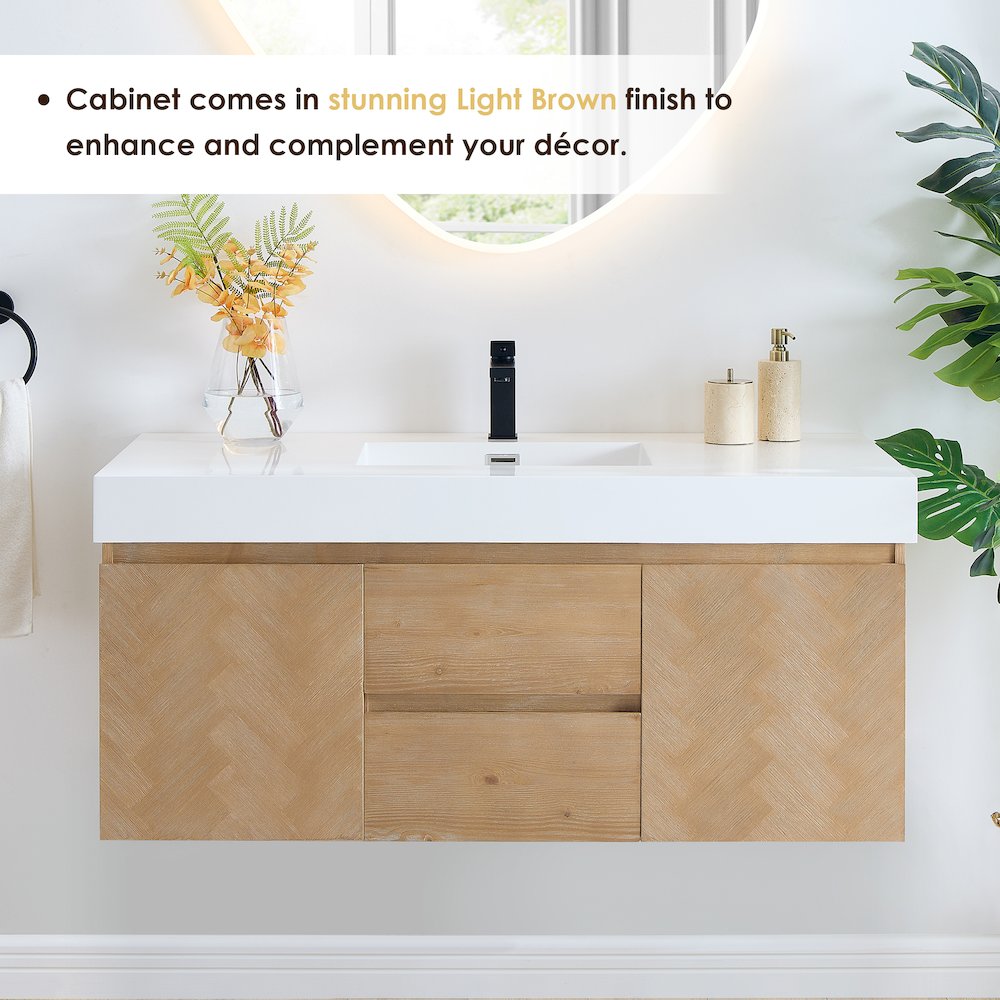 Single Bathroom Vanity in Light Brown White Artificial Drop-in Sink. Picture 5
