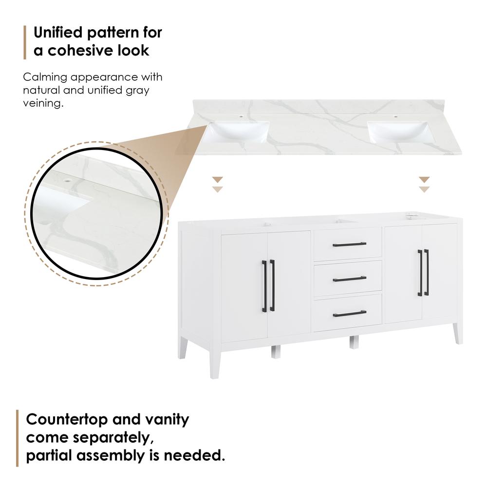 Double Bathroom Vanity in White with Stone Countertop without Mirror. Picture 13