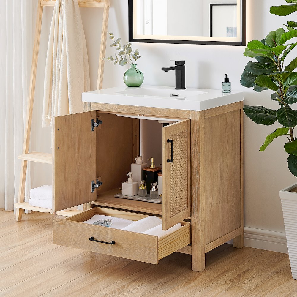 Single Bathroom Vanity in Light Brown White Artificial Drop-in Sink. Picture 4