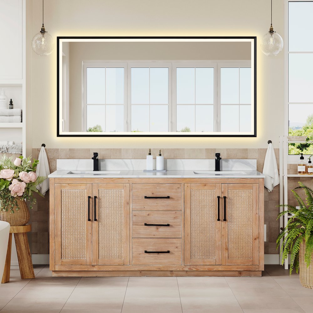 72" Double Bathroom Vanity with Calacatta White Quartz Countertop with Mirror. Picture 2