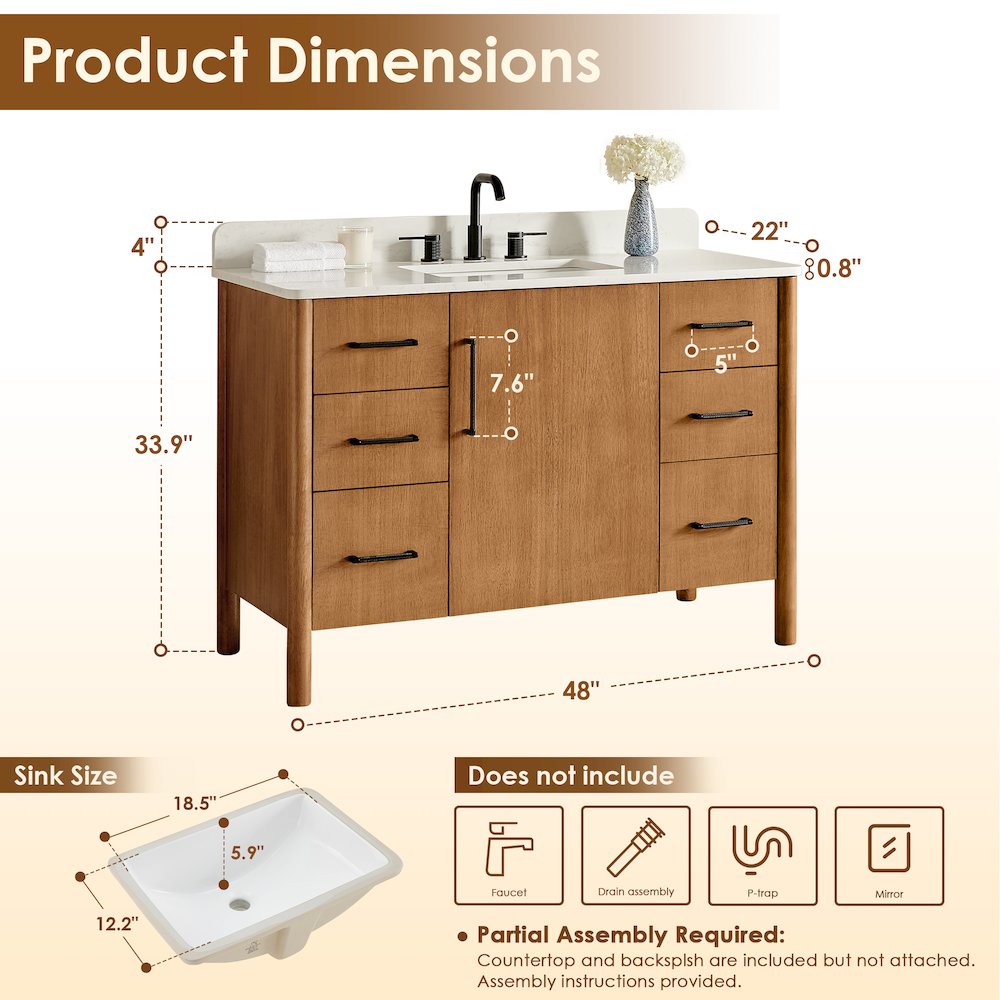 48" Single Bathroom Vanity in Mango Brown with Grain White. Picture 13