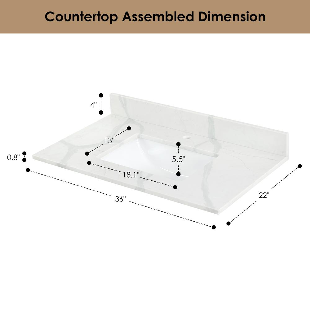 Arbios 36. in Quartz Stone Vanity Top in Calacatta White with White Sink. Picture 7