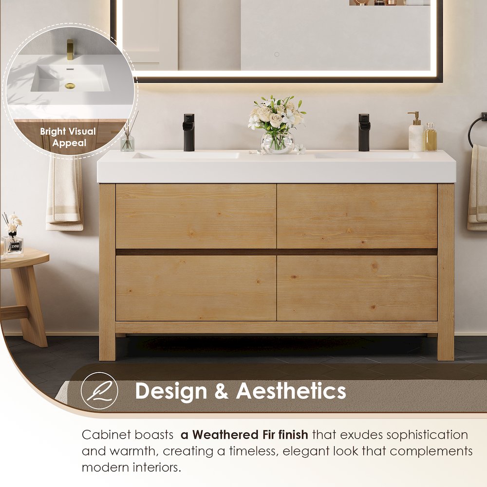 60" Double Bathroom Vanity in with White Artificial Stone Integrated Sink. Picture 6