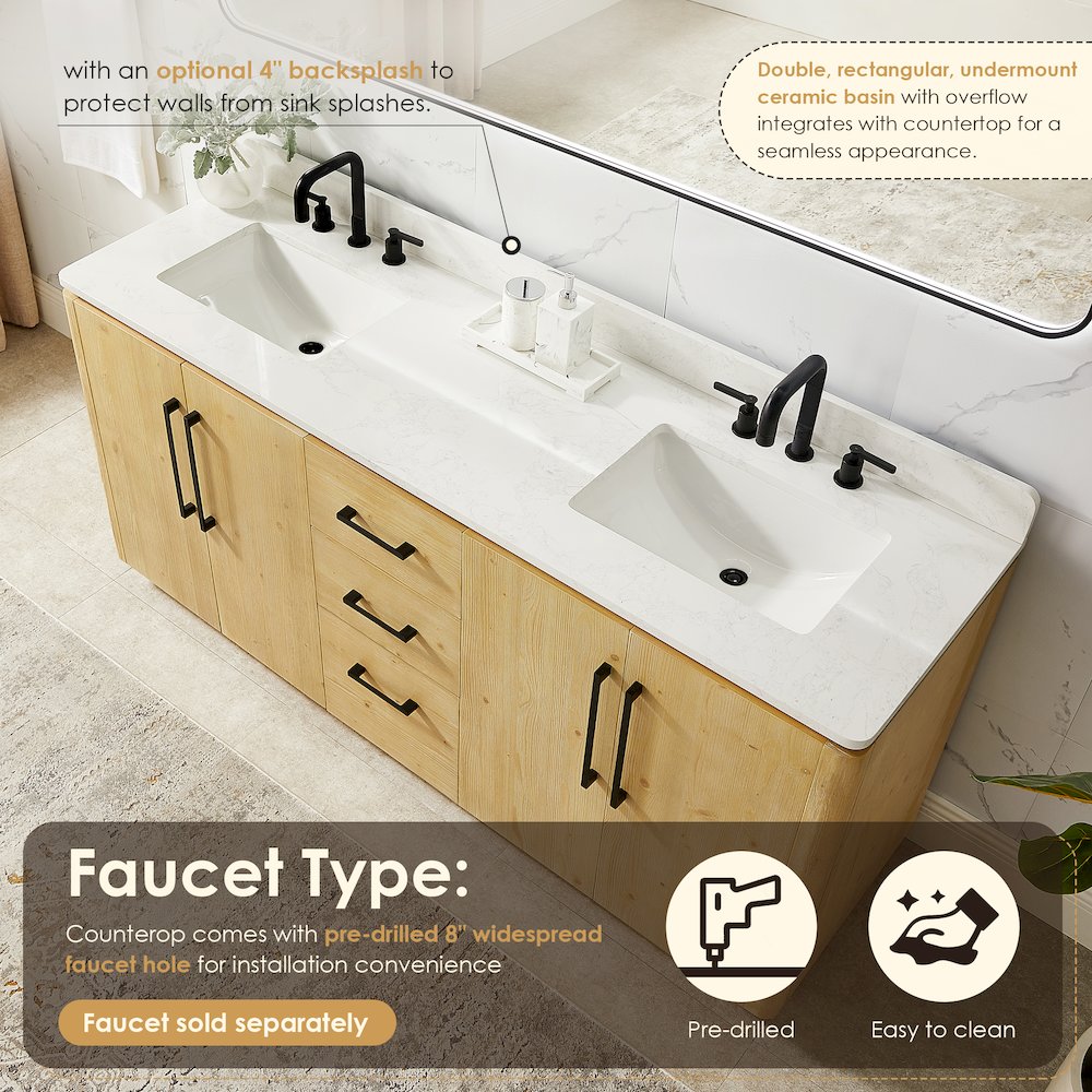 72" Double Bathroom Vanity in Nature Brown with Grain White. Picture 7