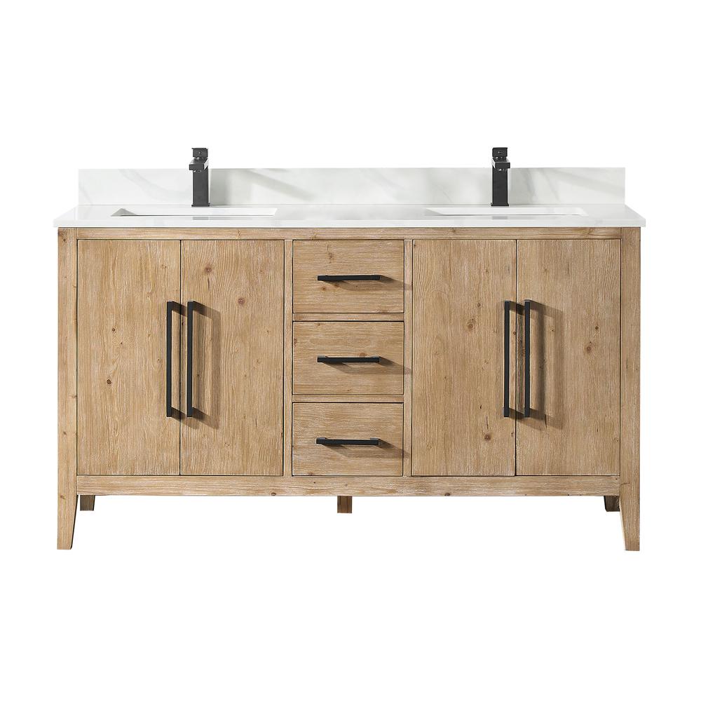 Double Bathroom Vanity in Weathered Fir with Stone Countertop without Mirror. Picture 1