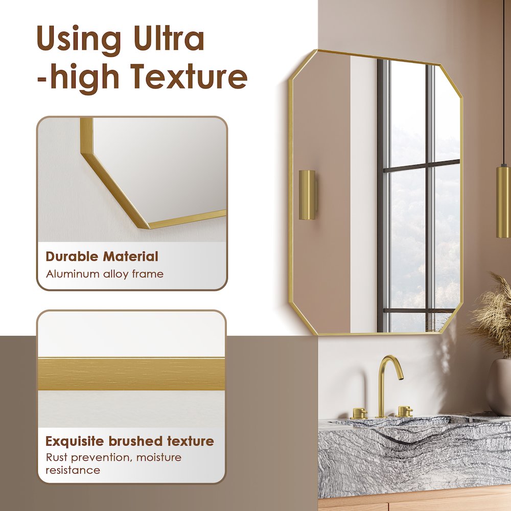 24"x36" Octagon Aluminum Framed in Brushed Gold Modern Bathroom Wall Mirror. Picture 8