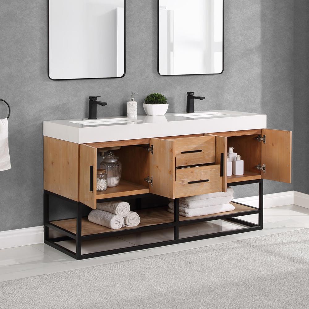 60" Double Bathroom Vanity in Light Brown awithout Mirror. Picture 10