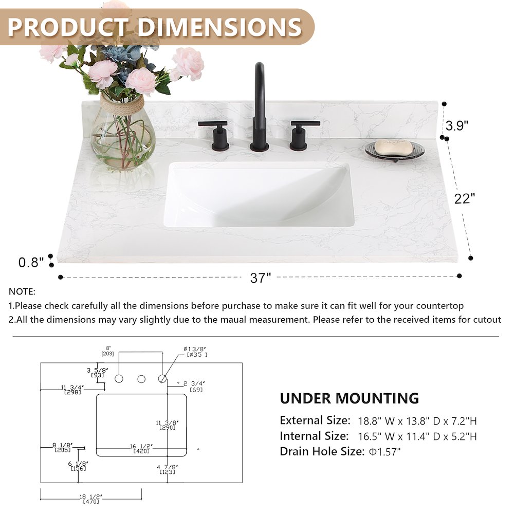 Ceres 37. in Engineered Stone Vanity Top in Grain White with Single White Sink. Picture 4
