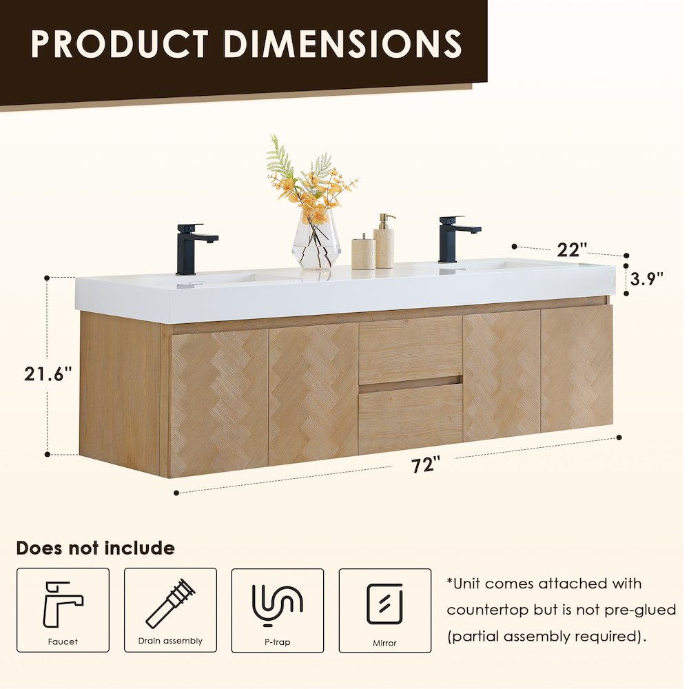Double Bathroom Vanity in Light Brown White Artificial Drop-in Sink. Picture 11