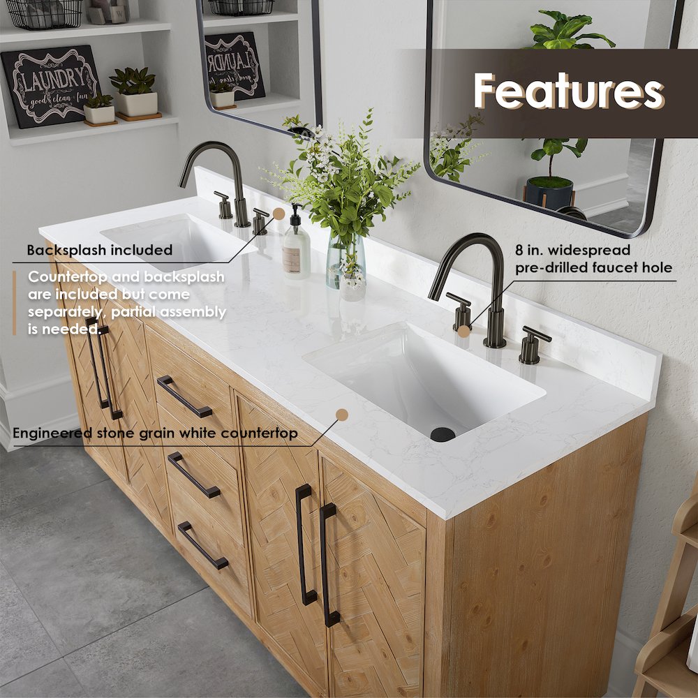 72" Double Bathroom Vanity Grain White Engineered Stone Countertop. Picture 5