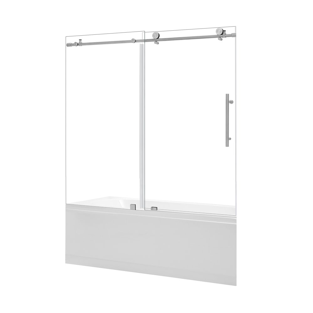 Single Sliding Frameless Tub Door in Brushed Nickel with Clear Glass. Picture 2
