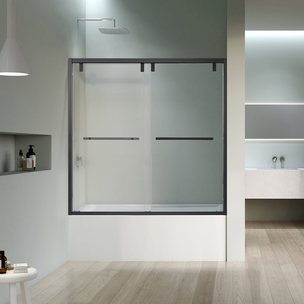 By Pass Semi Frameless Tub Door in Matte Black with Clear Glass. Picture 3