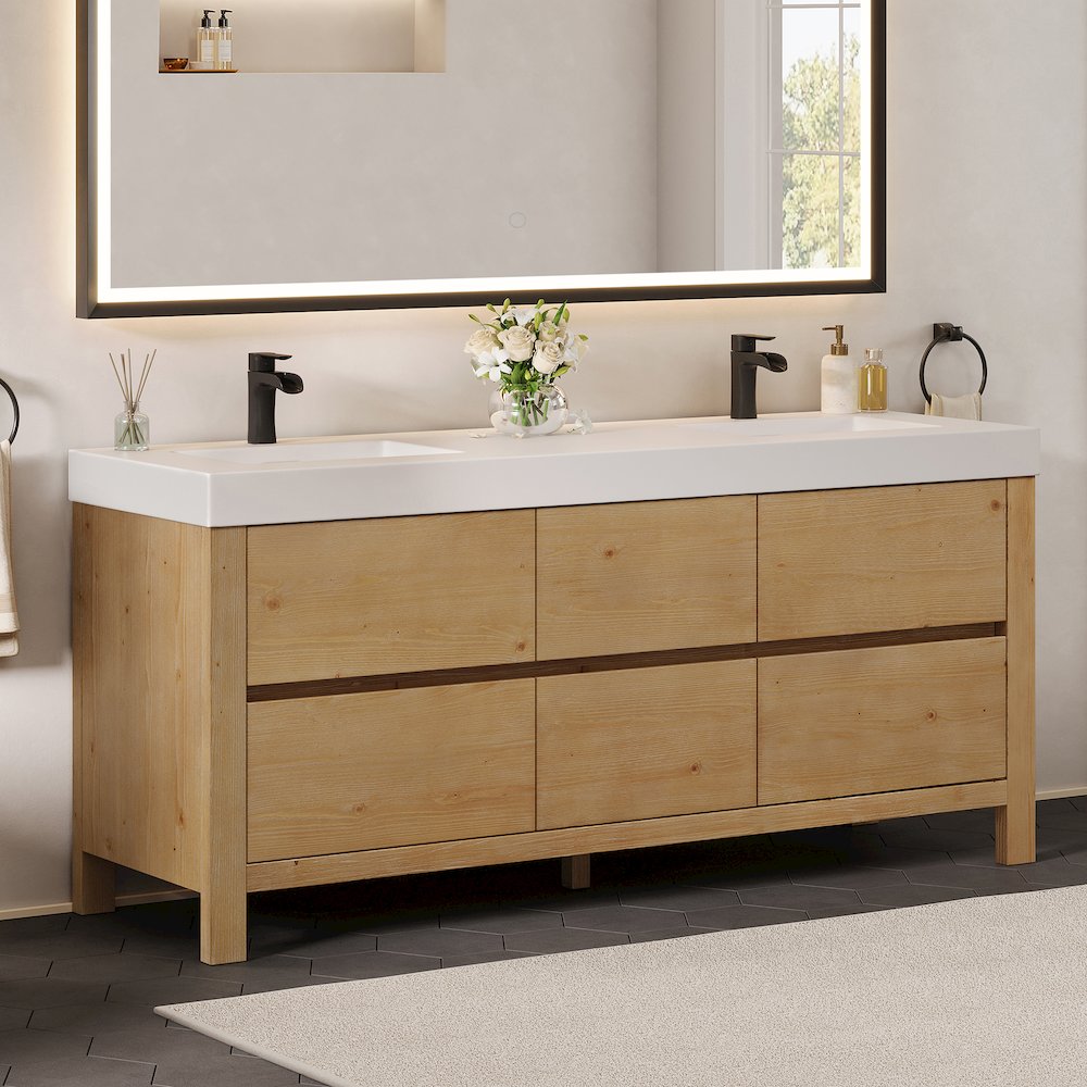 72" Double Bathroom Vanity in with White Artificial Stone Integrated Sink. Picture 3