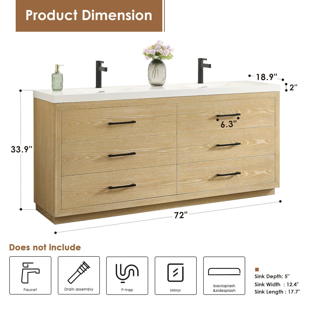 72" Double Bathroom Vanity in White Oak with White Artificial Drop-in Sink. Picture 11