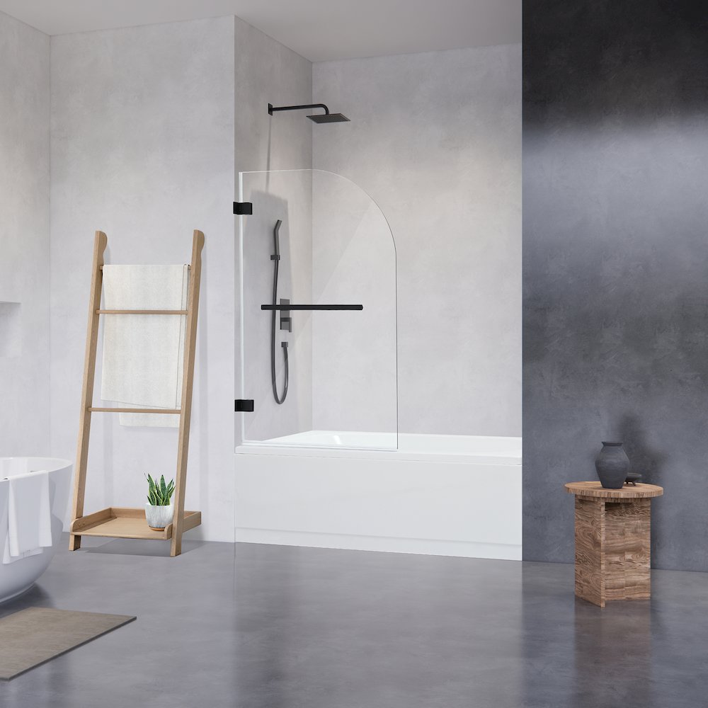 Frameless Hinged Tub Door in Matte Black with Clear Glass. Picture 4