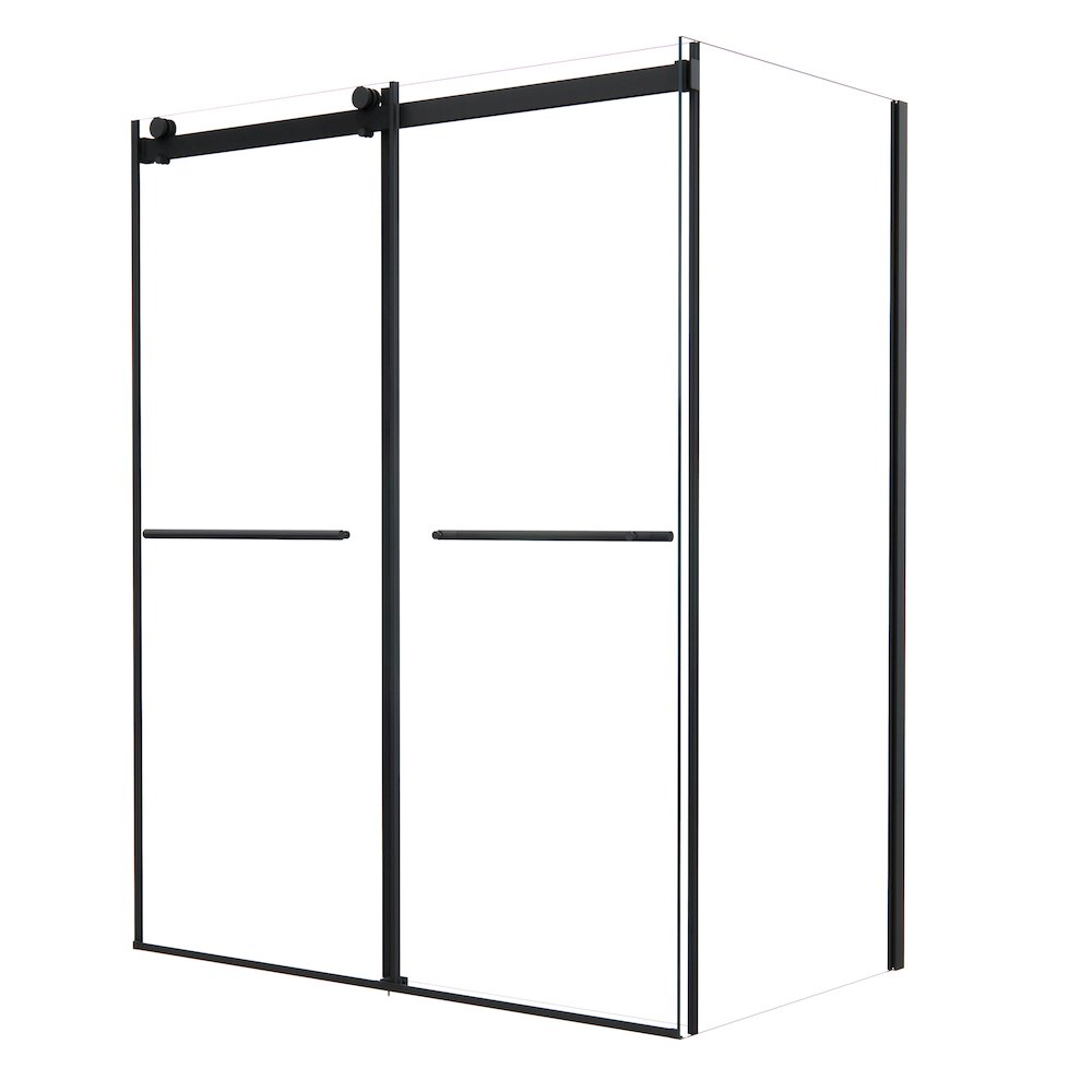Frameless Exposed Roller Shower Enclosure in Matte Black with Clear Glass. Picture 2