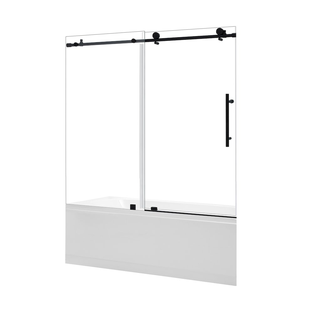 Single Sliding Frameless Tub Door in Matte Black with Clear Glass. Picture 2